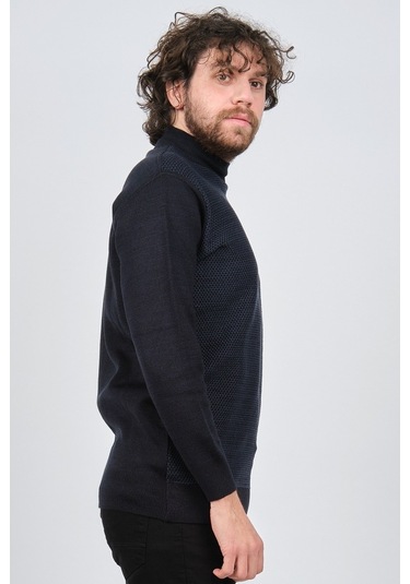 Çizgi Triko Erkek Yarım Balıkçı Yaka Desenli Kazak 42564229 Açık Açık Lacivert