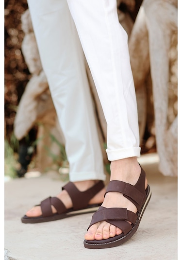 Hakiki Deri Kalın Bantlı Ortopedik Tasarım Erkek Sandalet Terlik Kahverengi
