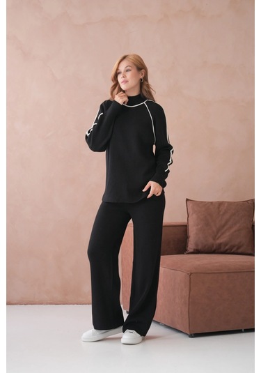 Kadın Dik Yaka Yarım Pat Fermuar Yırtmaçlı Kazak Pantolon İkili Triko Takım Siyah