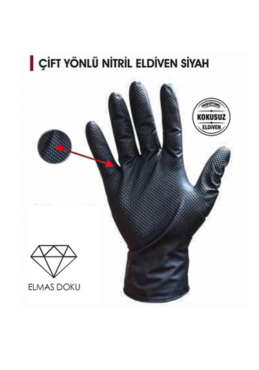 Guardiol Nitril Siyah Eldiven Çift Yönlü Tırtıklı M Beden 50 Adet