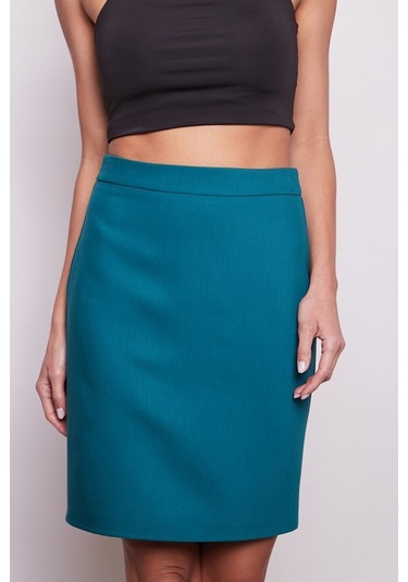 Yüksek Bel Diz Üstü Likralı Pamuklu Şık Kumaş Kalem Etek-Petrol