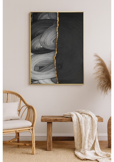 Altın İz - Gerçek Cama Baskı Gold Alüminyum Metal Çerçeveli Tekli Modern Tablo