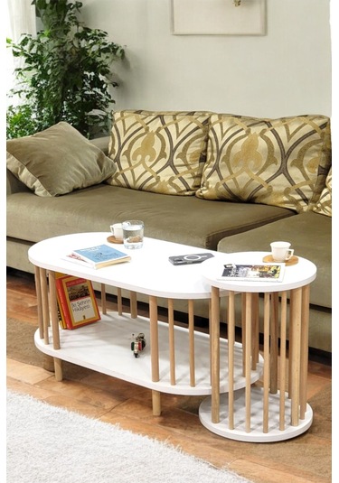 İkili Set Orta Sehpa Ahşap Ayaklı Sehpa İki Raflı Sehpa Dekoratif Sehpa Gazetelikli Beyaz - Beyaz