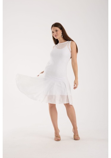 Eteği Volanlı Uzun Elbise Kırık Beyaz