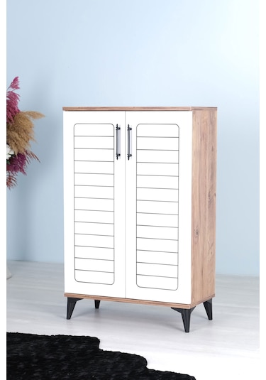 Luna 2 Kapaklı 4 Bölmeli Modern Ayakkabılık - Beyaz / Çam Desenli