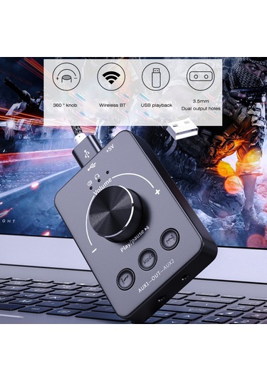 Springsun Usb Ses Kontrol Cihazı: Bt 5.1 Verici, Usb Çalar, Dış Ses Kartı, 3.5mm Çift Kulaklık, Type-c, Siyah