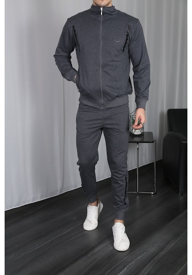 Erkek Dik Yaka Fermuarlı Eşofman Takım - Füme Füme