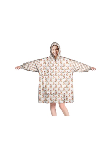 Noel Temalı Unisex Giyilebilir Battaniye Hoodie, Kalın Peluş, Kollar Ve Büyük Cep-a155 Bej