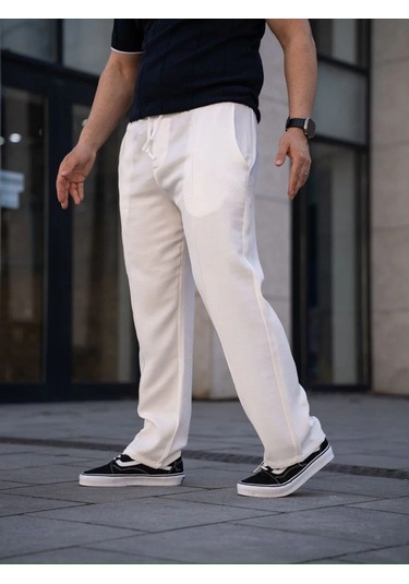 Erkek Keten Cepli Çıma Dikişli Jogger Buggy Pantalon Rahat Kalıp - Beyaz Beyaz