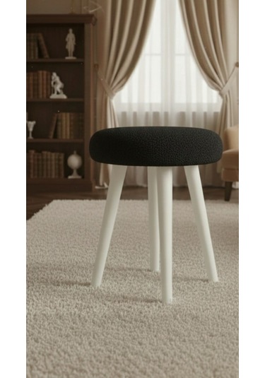 Gürgen Ahşap Retro Ayak Dekoratif Beyaz Pelüş Puf Tabure Siyah - Siyah