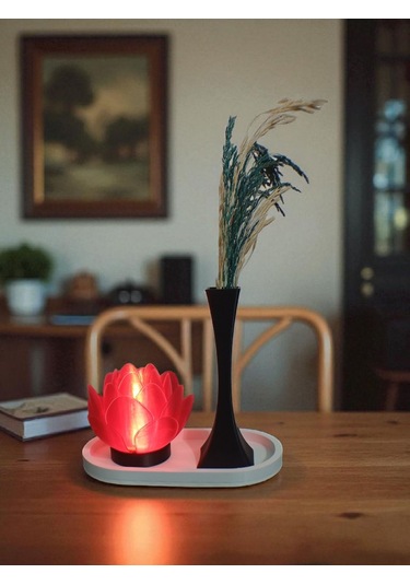 Beyaz Stantlı Şeffaf Kırmızı Lotus Çiçeği ,mumluk, Siyah Vazo