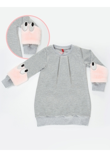 Denokids Mushi Peluş Kollu Kız Elbise Çok Renkli