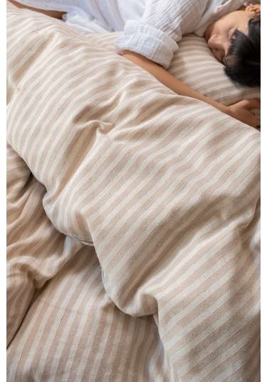 Vivamaison Çizgili Keten Tek Kişilik Nevresim + Yastık Sütlü Kahverengi