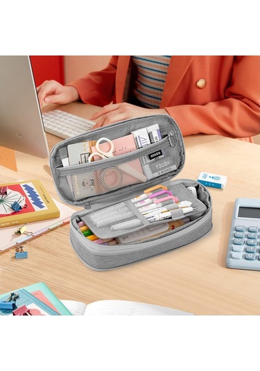Genişletilebilir Büyük Kapasiteli Kalem Kutusu, Okul Ve Ofis İçin Pratik Kalemlik, Açık Gri Renk Gri