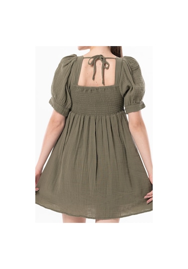 Kısa Kol Lara Kare Yaka Bağlama Detaylı Yazlık Müslin Elbise Haki Hk-haki Haki