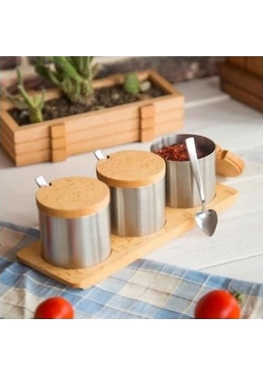 Kısmet Kbt-113 Üçlü Baharatlık Seti Ahşap - İnox
