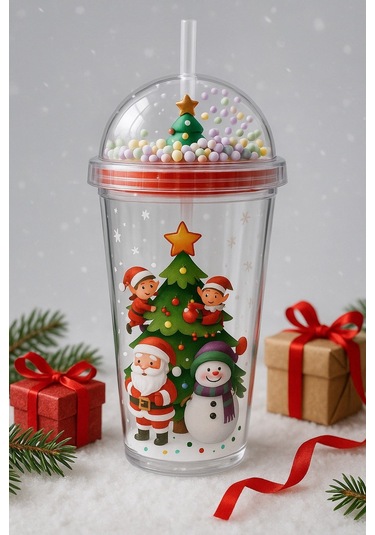 Desenli Renkli Pipetli Kupa Bardak Noel Çam Ağacı Altında Noel Baba Ve Kardan Adam Suluk 450ml 2768b Çok Renkli