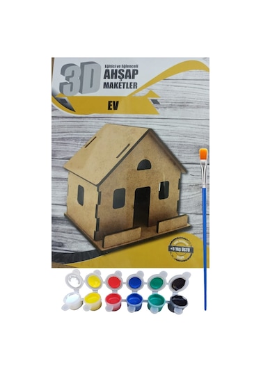 Ahşap Ev Boyama Seti 3d Ahşap Maket , 6'lı Boya, Fırça 070 Çok Renkli