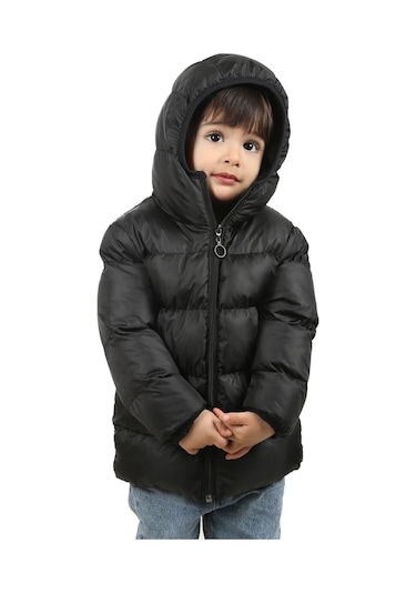 Freemen Erkek Çocuk Siyah Polarlı Kapüşonlu Su Geçirmez Rüzgara Dayanıklı Şişme Kışlık Mont Siyah