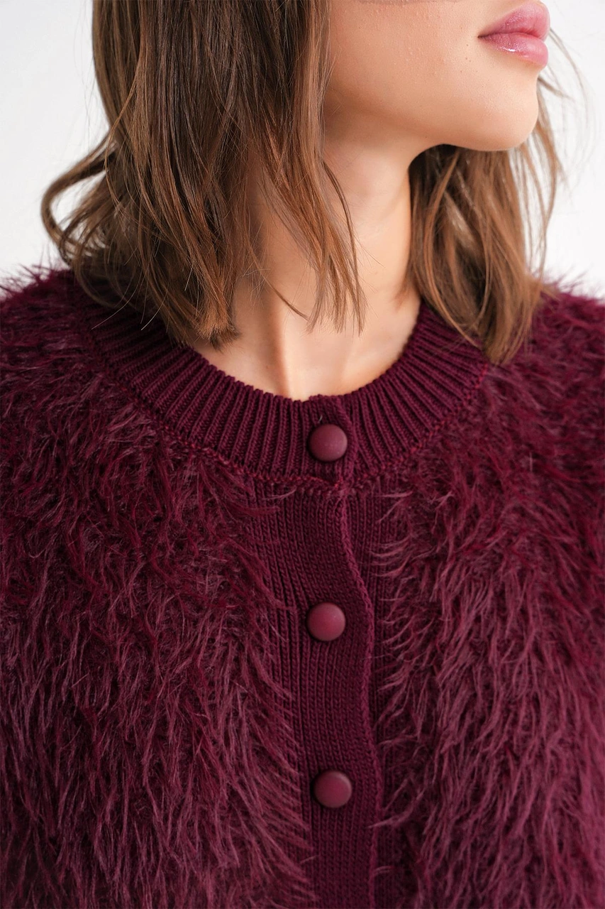 6897 Kadın Uzun Sakallı Bant Detaylı Triko Hırka Bordo Bordo