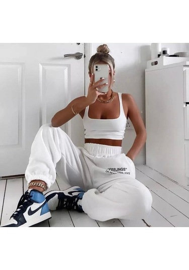 Eşofman Altı - Beyaz Baskılı Lastik Paça Yüksek Bel Lastik Bel Beyaz