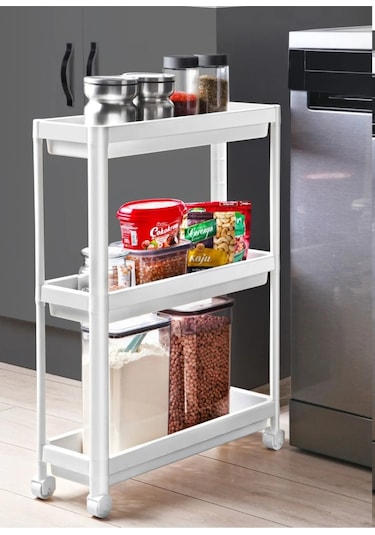Bayev Tekerlekli Beyaz 3 Katlı Raf - Banyo Mutfak Dar Alan Düzenleyici Organizer Beyaz
