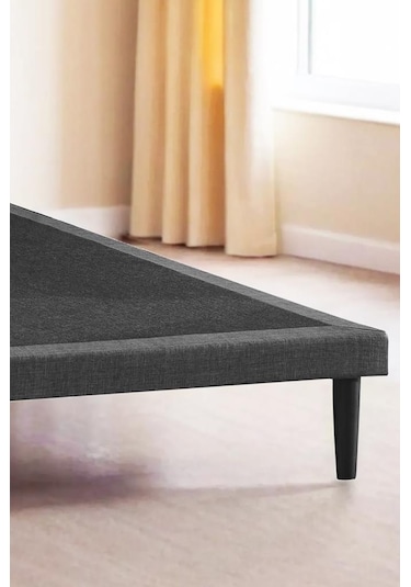 Niron Slim Karyola 180x200 Çift Kişilik Baza, Metal İskeletli Yüksek Ayaklı Koyu Gri Keten Kumaşlı
