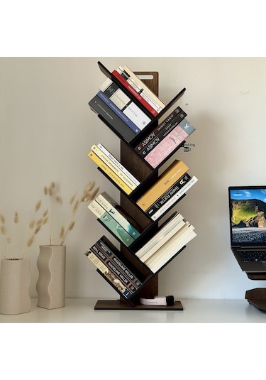 Mk10 - Geometrik 8 Raflı Ağaç Kitaplık Ceviz