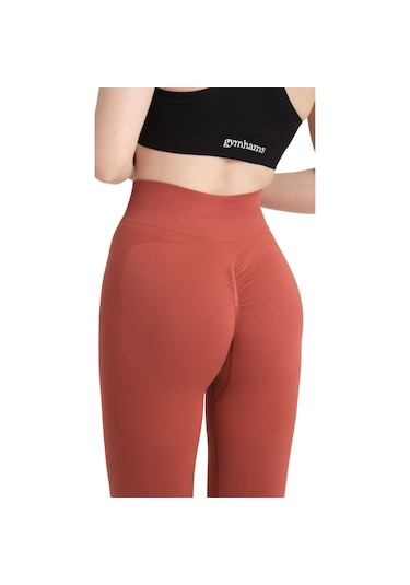 Gymhams Kiremit Kalçası Büzgülü Kalça Şekillendirici Push Up Yüksek Bel Spor Tayt Kiremit