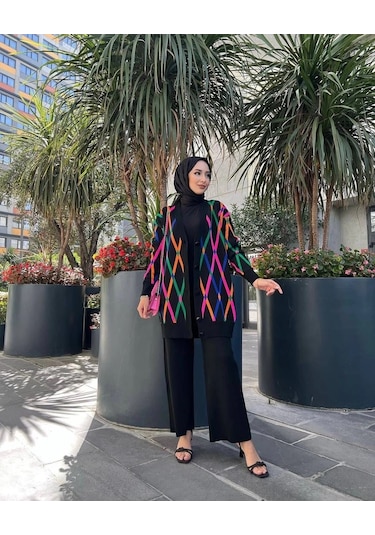 Hırkalı İkili Takım Çok Renkli Triko Siyah Siyah