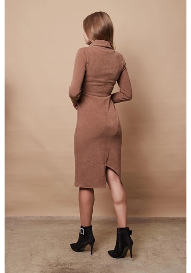 Kadın Likralı Triko Kumaş Tam Balıkçı Asimetrik Uzun Kol Diz Boy Elbise-camel Camel