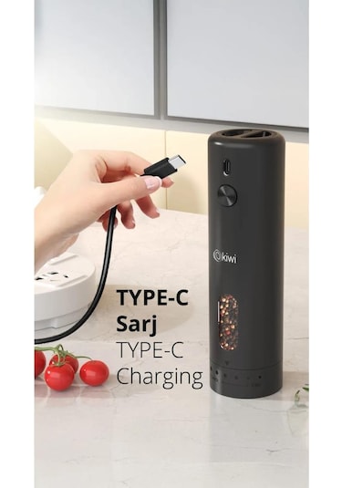 Kiwi Kspg-4851 Şarjlı Tuz Karabiber Değirmeni Otomatik Baharat Öğütücü Siyah