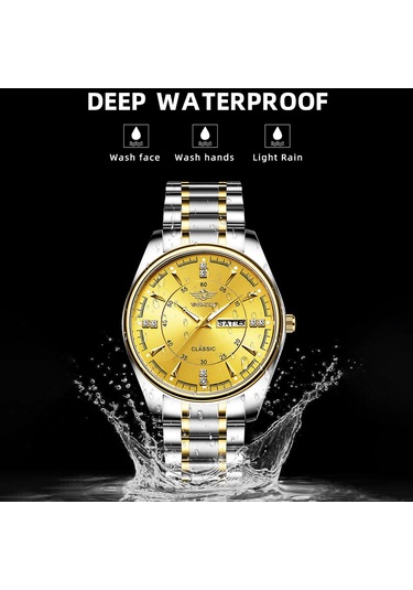 Yashıdun 5069 Çelik Kayış Şık Kuvars İzle Erkekler Aydınlık Takvim Bilek Saati - Altın Kadran