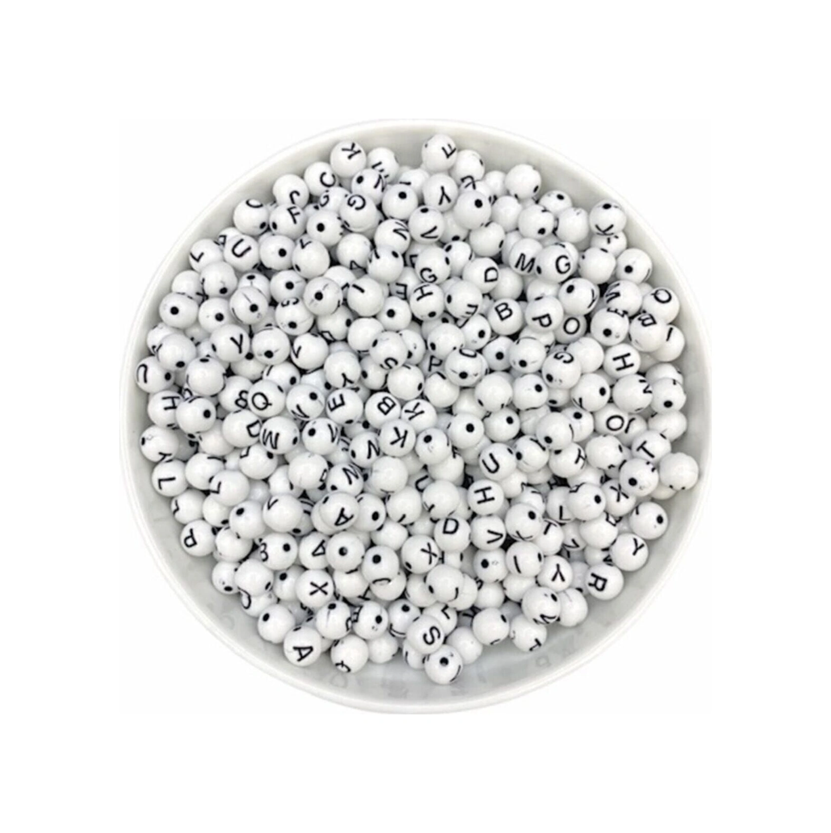 8mm Yuvarlak Beyaz Zemin Üzeri Siyah Top Harf Boncuk, Alfabe Mektup Boncuk 50gr, 175 Adet
