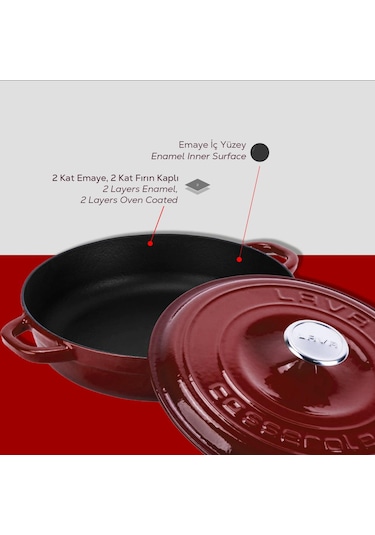 Lava Döküm Yuvarlak Çok Amaçlı Yayvan Tencere New Heritage Serisi Çap Ø 28cm.-bordo Bordo
