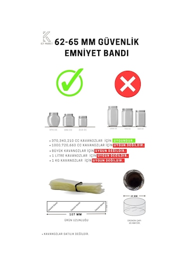 Standart Kavanoz Güvenlik Emniyet Bandı 100 Adet 62-65 MM Ağız Çapına Uygun 107 x 30 MM Baskılı