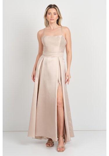 Doridorca Kadın İp Askılı Sırttan Bağlamalı Tafta Kumaş Abiye Elbise 7078 Bej Bej