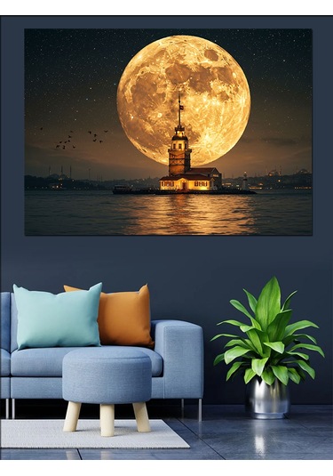 Dolunayda Kız Kulesi Manzarası Dekoratif Kanvas - Mdf Ahşap Tablo