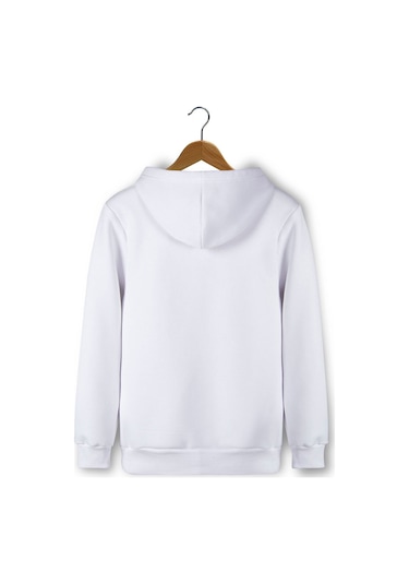 Unisex Beyaz Göğsü Logo Baskılı Kalın Üç Iplik Şardonlu Kapüşonlu Hoodie Sweatshirt Beyaz