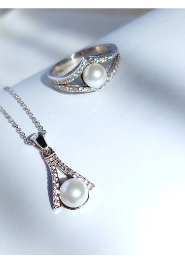 Gümüş Inci Damla V Tasarım Zarif Kadın Kolye Küpe Yüzük Gelin Set