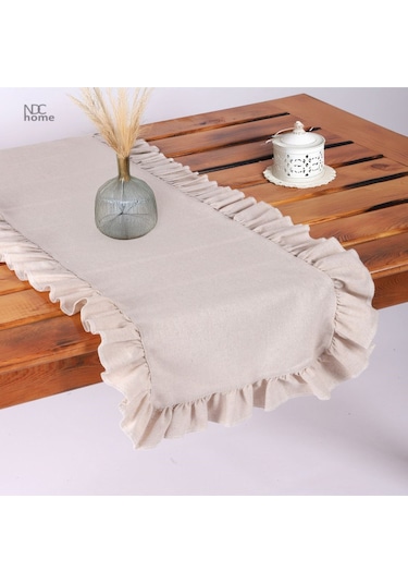 Dnc Home Tekstil Ndchome Fırfırlı Bej Keten Runner Masa Örtüsü Bej