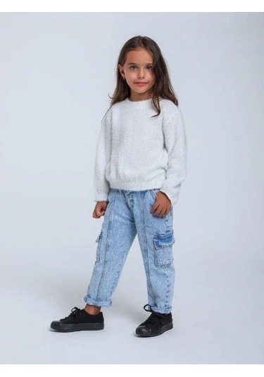 Kız Çocuk Simli Kırçıllı Bluz-14305 Ekru