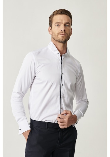 AC&Co / Altınyıldız Classics  ERKEK BEYAZ LACIVERT Damatlık Ata Yaka Tailored Slim Fit Gömlek Lacivert