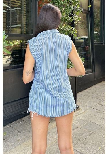 Kadın Mavi Çizgili Desen, Dokulu Bodrum Kumaş, Kolsuz Rahat Gömlek Mavi
