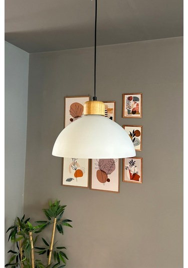 Perry Cam Tekli Avize Geniş Ahşap Beyaz Başlık Retro Sarkıt Lamba Restoran Salon Aydınlatma Beyaz