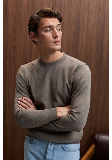 VAREX Erkek Yuvarlak Yaka Basic Slim Fit Triko Vizon Kazak