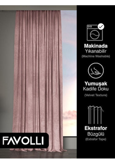 Kadife Dokulu Açık Pembe Ada Fon Perde Ekstrafor Büzgülü Dream Series Açık Pembe