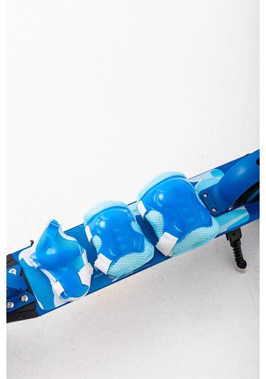 Mini Bonito Çocuk Katlanabilir, Led Işıklı, Amortisörlü Elektrikli Scooter Ayarlanabilir Direksiyonlu Dizlik Ve Dirseklik Hediyedir Mavi