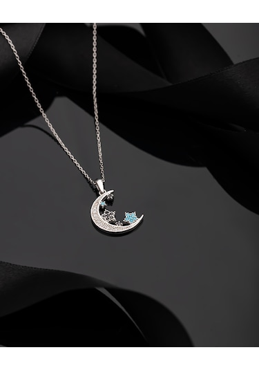 925 Ayar Turkuaz Taşlı Rodyum Ay Yıldız Gökyüzü Gümüş Kolye Rn10313 Gümüş