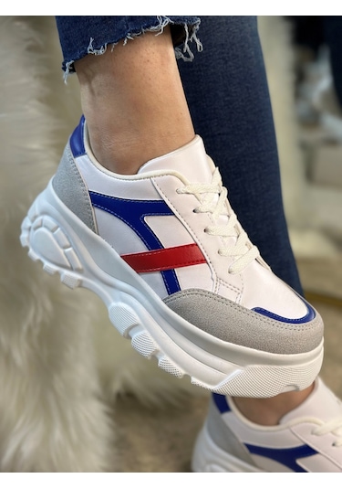 Günlük Kadın Sneaker Kalın Yüksek Taban Bağcıklı Rahat Tiger Şeritli Spor Ayakkabı 032 10-taş Saks Mavi Kırmızı